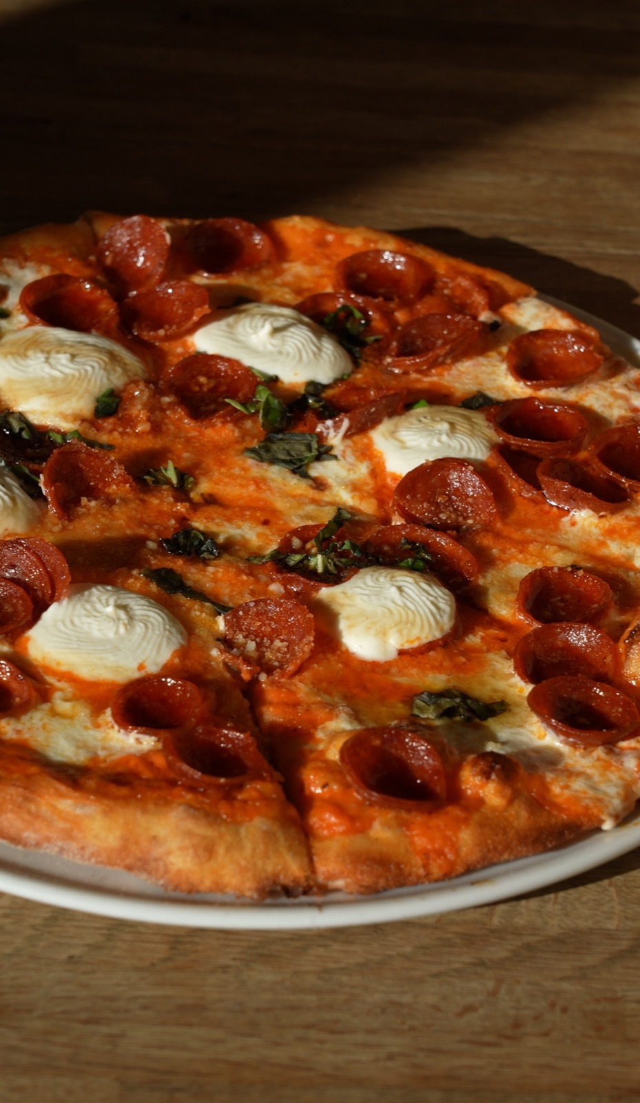 Pizza with pepperoni and ricotta
